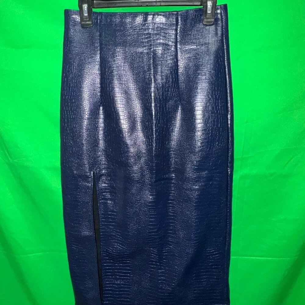 NWT- Topshop Women's Faux Leather Skirt Slit Textured Midi Navy Blue US Size 6